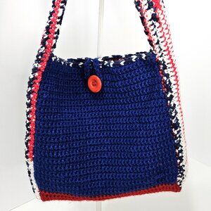 Crochet Two Toned  Red and Blue (with white) Small Tote Bag